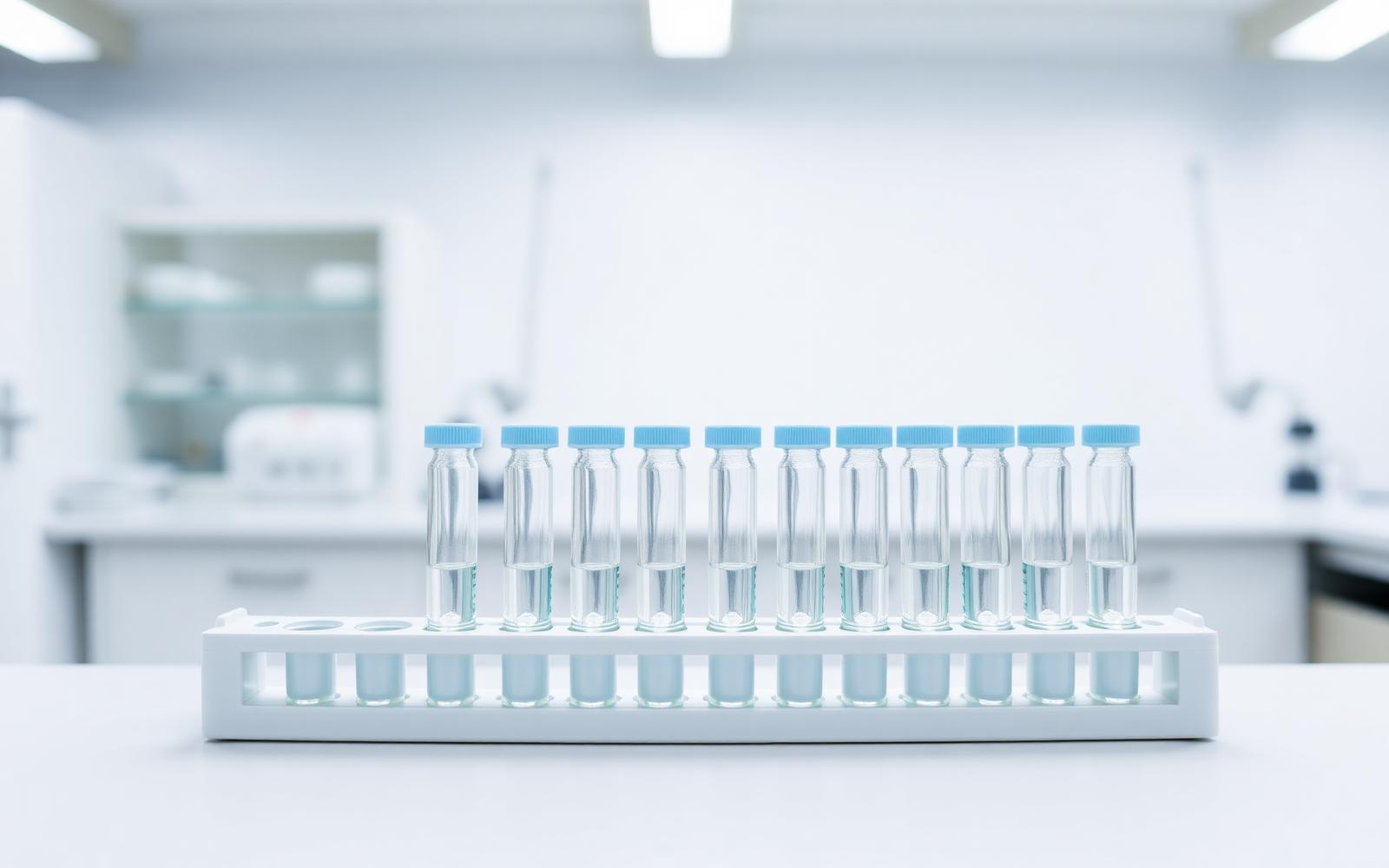 Research peptide vials with blue caps in a bright laboratory
